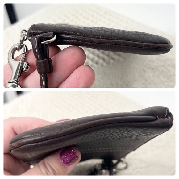 Y2K Coach Small Pebble Leather Wristlet F42389 Silver Mahogany Brown Clip Pouch - Picture 8 of 10